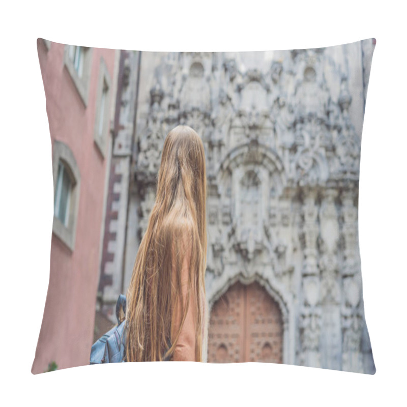 Personality  Female Tourist In The Central Square Of Mexico City, Zocalo. Cultural Exploration, Travel, And Historic Architecture Concept. Pillow Covers