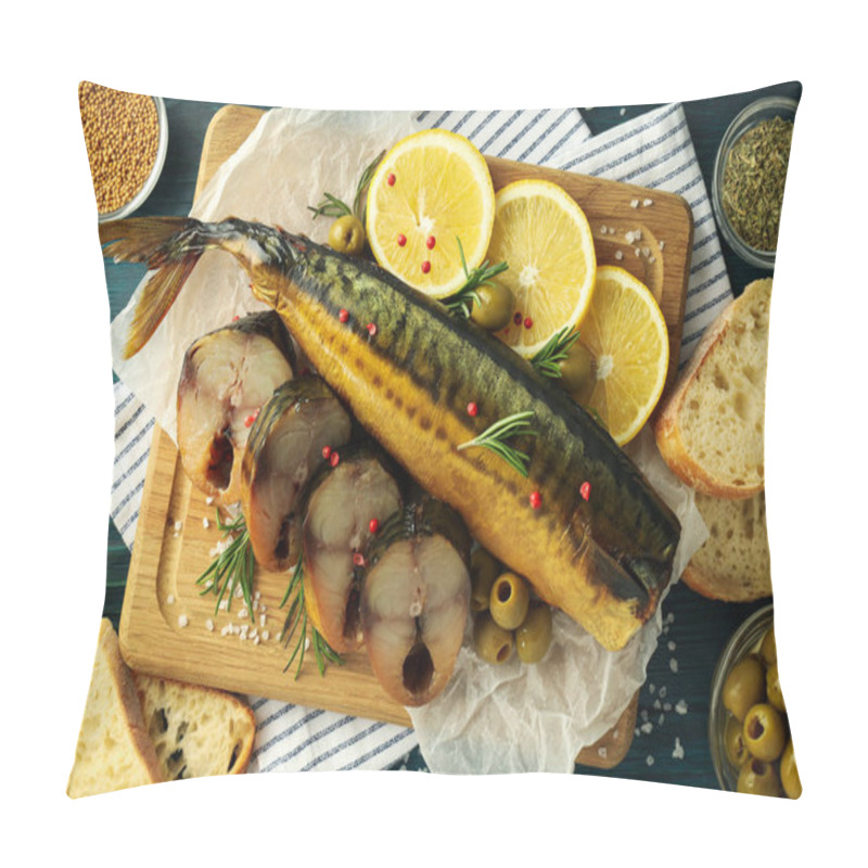 Personality  Concept Of Tasty Food With Smoked Mackerel, Top View Pillow Covers