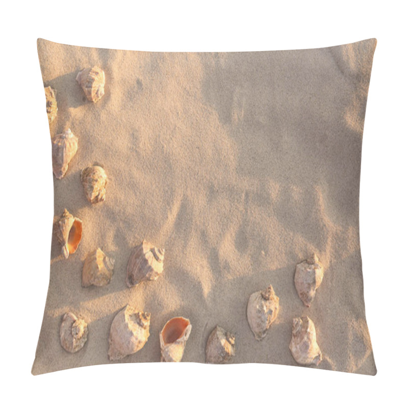 Personality  Flat Lay Composition With Seashells On Sandy Beach. Space For Text Pillow Covers