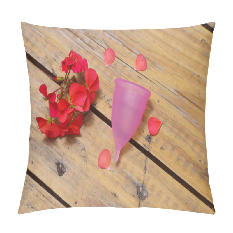 Personality  Feminine Hygiene Product - Menstrual Cup Next To A Beautiful Red Flowers, In A Wooden Background Pillow Covers