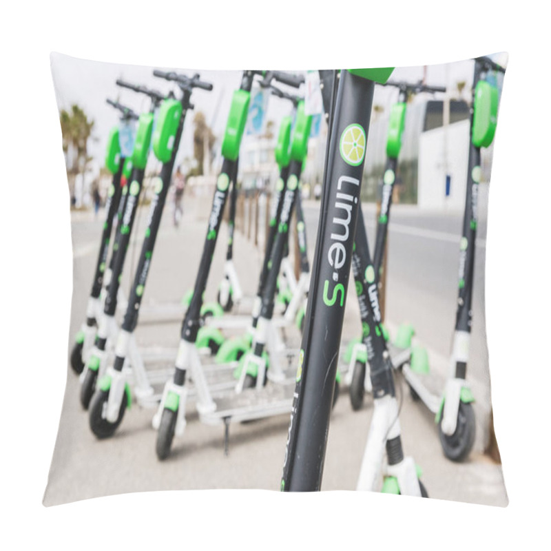 Personality  Valencia, Spain - April 29, 2019: Group Of Electric Scooters For Pillow Covers