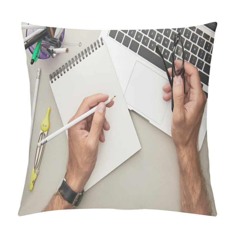 Personality  Top View Of Man Holding Pencil And Glasses Near Laptop Isolated On Grey  Pillow Covers