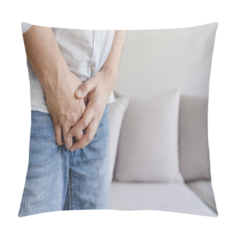 Personality  Man With Hands Holding His Crotch, He Wants To Pee - Urinary Incontinence Concept. Sick Man Prostate Cancer, Prostate Inflammation, Premature Ejaculation, Fertility, Erection Or Bladder Problem Pillow Covers