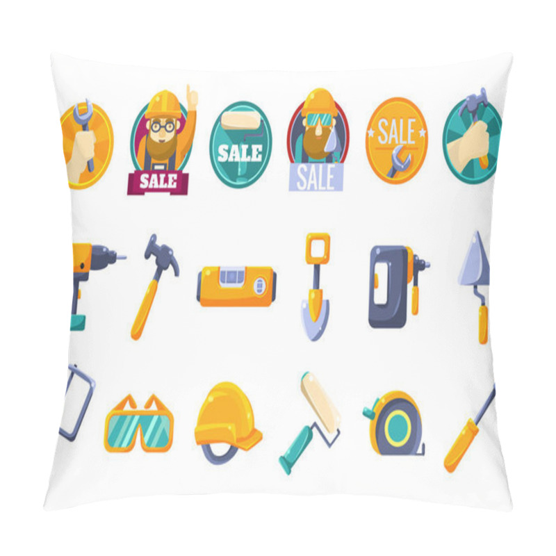 Personality  Cartoon Icons Set With Tools For Hardware Store. Collection Of Working Instruments. Round Badges For Sale With Text And Worker In Helmet. Colorful Flat Vector Design Pillow Covers