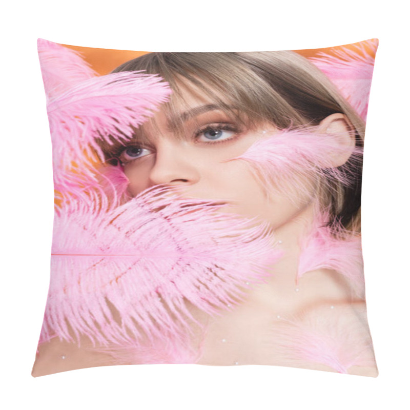 Personality  Young Woman With Decorative Beads In Makeup Looking Away Through Pink Feathers Isolated On Orange Pillow Covers