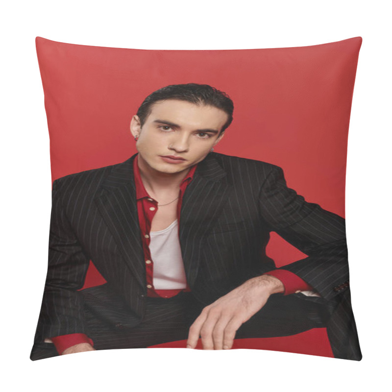 Personality  A Man In A Black Suit Poses Against A Vibrant Red Backdrop. Pillow Covers