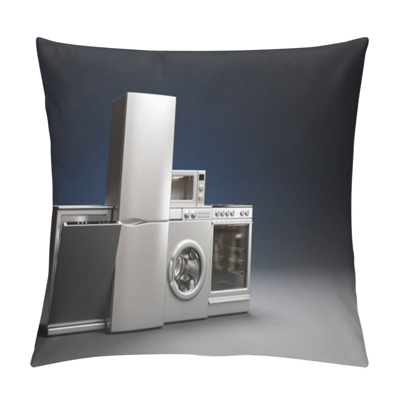 Personality  Appliances. Set Of Household Kitchen Appliances Isolated On Grey. Refrigerator, Electric Stove, Dishwasher And Washing Machine. 3d Illustration Pillow Covers