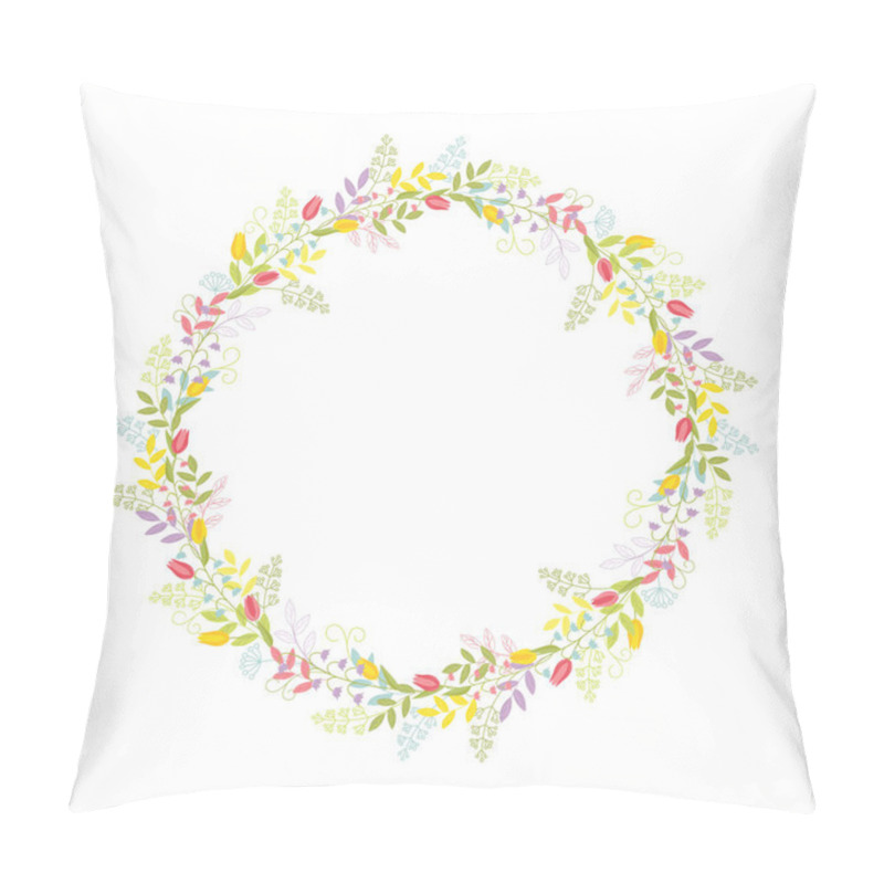 Personality  A Wreath Of Branches, Leaves, Flowers, Tulips, Lilies Of The Valley And Blades Of Grass With Tendrils. Color Cute Vector.Isolated On White Background. Pillow Covers