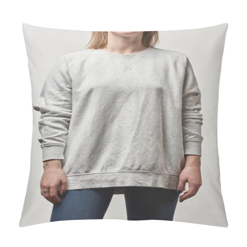 Personality  Cropped View Of Young Woman In Grey Hoodie With Copy Space Isolated On White Pillow Covers