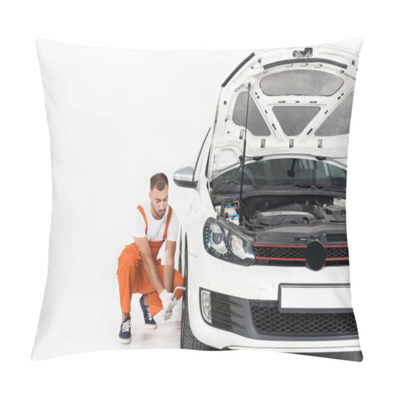 Personality  Auto Mechanic Changing Car Tire With Open Hood On Foreground Pillow Covers