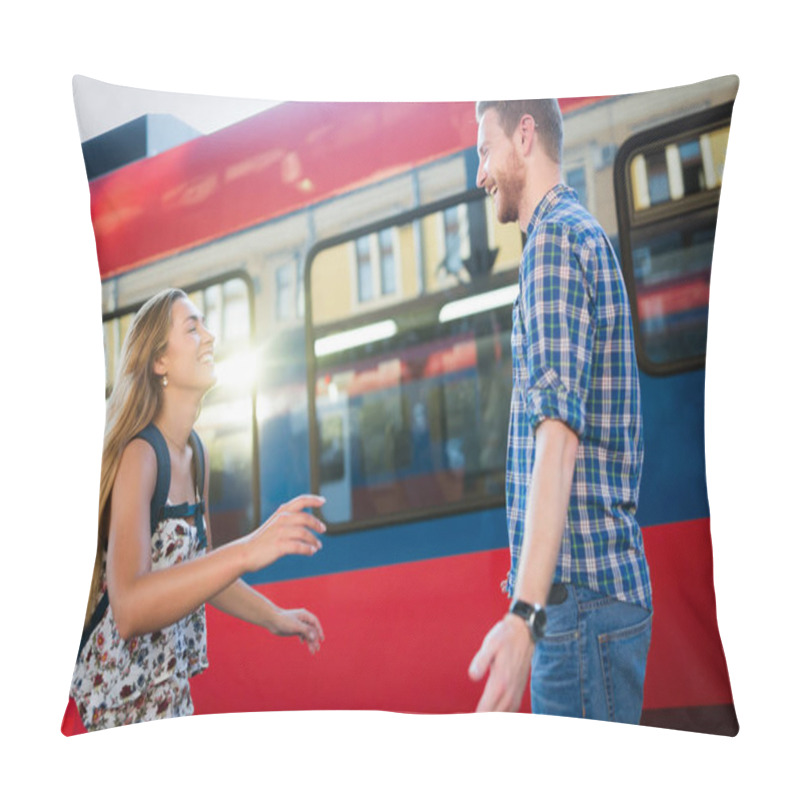 Personality  Couple At Train Station Pillow Covers