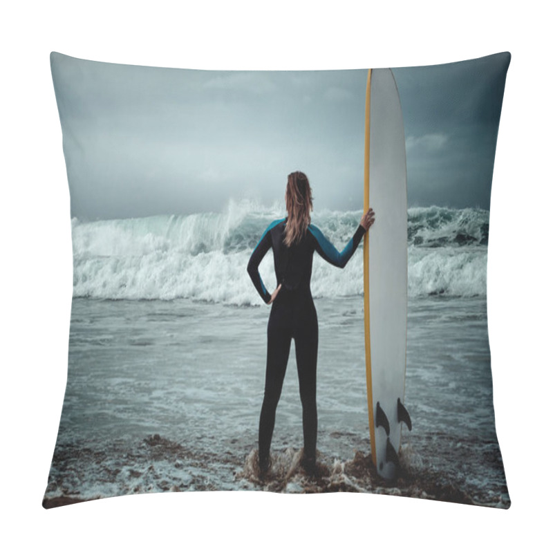 Personality  Surfer Woman Wearing Wetsuit Standing On The Beach With A Surfboard Pillow Covers