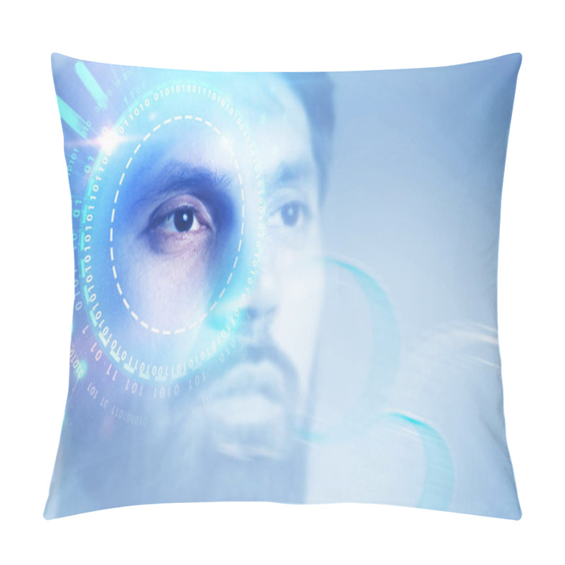 Personality  Portrait Of Young Man With Dark Hair And Beard Looking Forward. Gui And Hud Immersive Interfaces Over Brown Background. Hi Tech Concept. Toned Image Double Exposure Copy Space Film Effect Pillow Covers