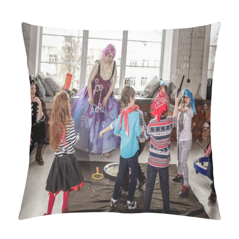 Personality  RUSSIA, YAROSLAVL - 17 FEB. 2018: Happy Group Of Children At A Birthday Celebration Dressed In The Style Of Pirates With An Animator, Contests And Bubbles Play Games In A Large Room With Loft Style Pillow Covers