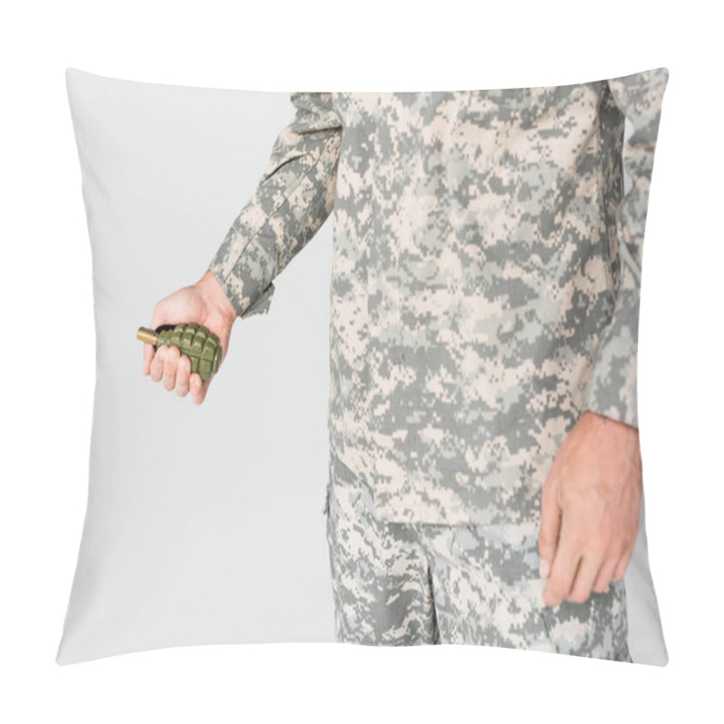 Personality  Cropped Shot Of Soldier Holding Grenade In Hand Isolated On Grey Pillow Covers