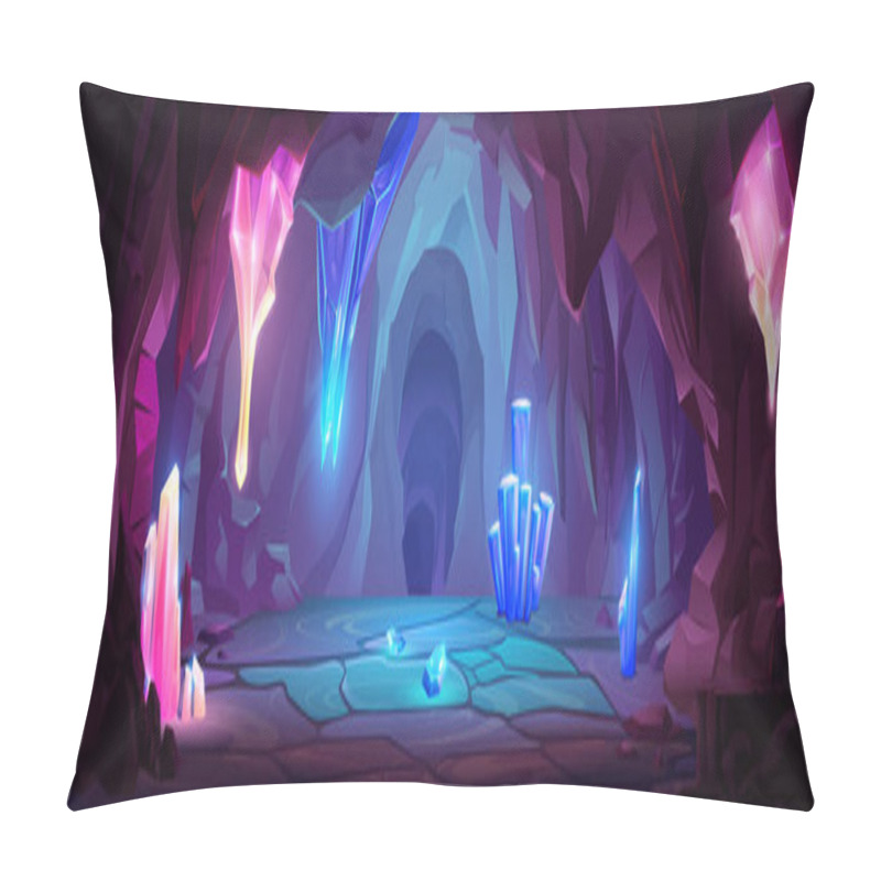 Personality  Treasure Cave With Blue Crystals On Walls. Vector Cartoon Illustration Of Underground Mine Tunnel With Sparkling Diamond Gem Stones, Rocky Mineral Stalactites On Ceiling In Dungeon, Game Background Pillow Covers