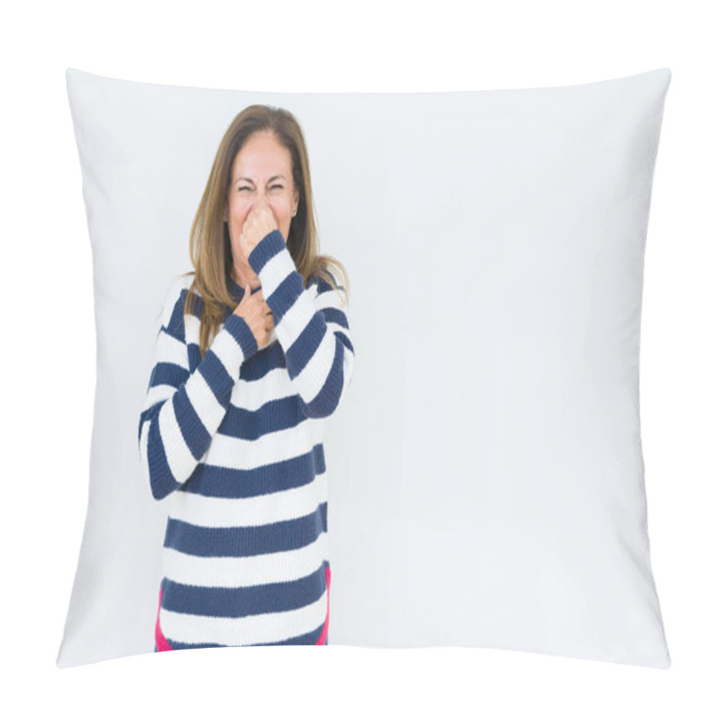 Personality  Beautiful Middle Age Woman Wearing Navy Sweater Over Isolated Background Smelling Something Stinky And Disgusting, Intolerable Smell, Holding Breath With Fingers On Nose. Bad Smells Concept. Pillow Covers