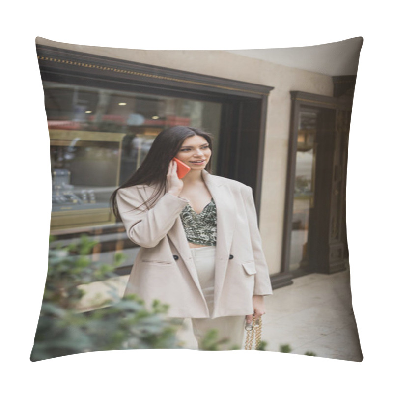 Personality  Stylish Young Woman With Brunette Long Hair And Makeup Talking On Smartphone And Standing In Trendy Outfit With Handbag On Chain Strap Near Blurred Jewelry Store And Plant In Istanbul  Pillow Covers