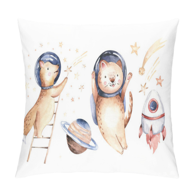 Personality  Astronaut Baby Boy Girl, Fox And Cat Space Suit, Cosmonaut Stars, Planet, Moon, Rocket And Shuttle Isolated Watercolor Space Ship Illustration On White Background, Spaceman Cartoon Kid Astronout. Universe Illustration Nursery. Pillow Covers