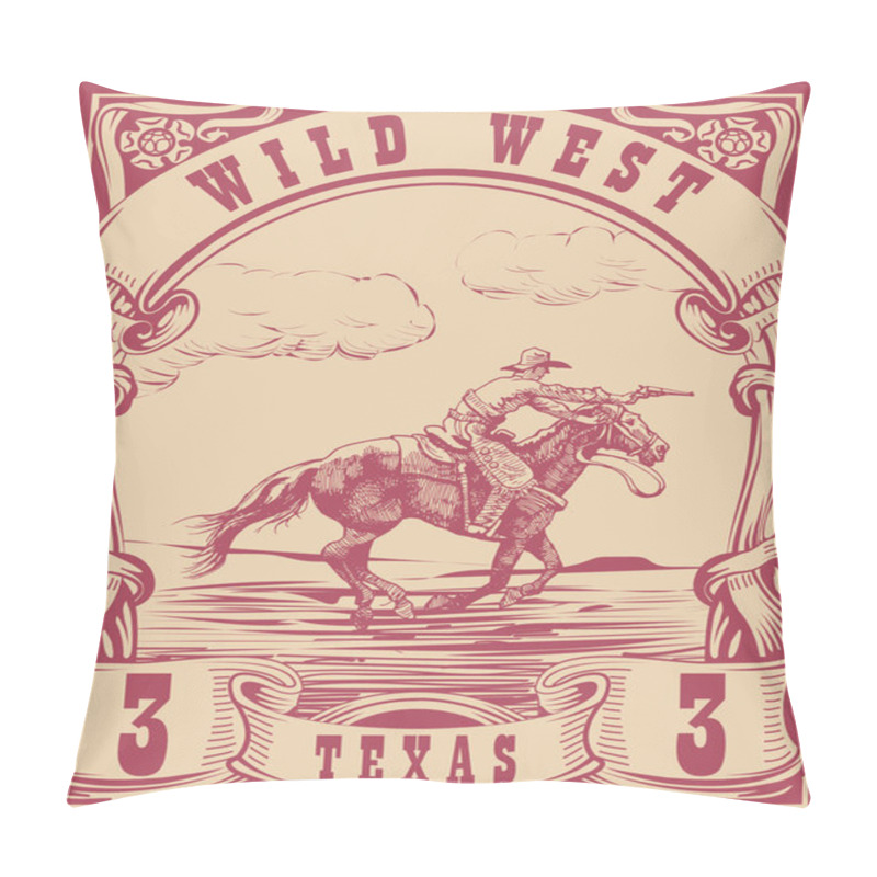 Personality  Printvector Image Of A Cowboy On A Horse With A Lasso In The Form Of A Postage Stamp With The Inscription Texas Pillow Covers