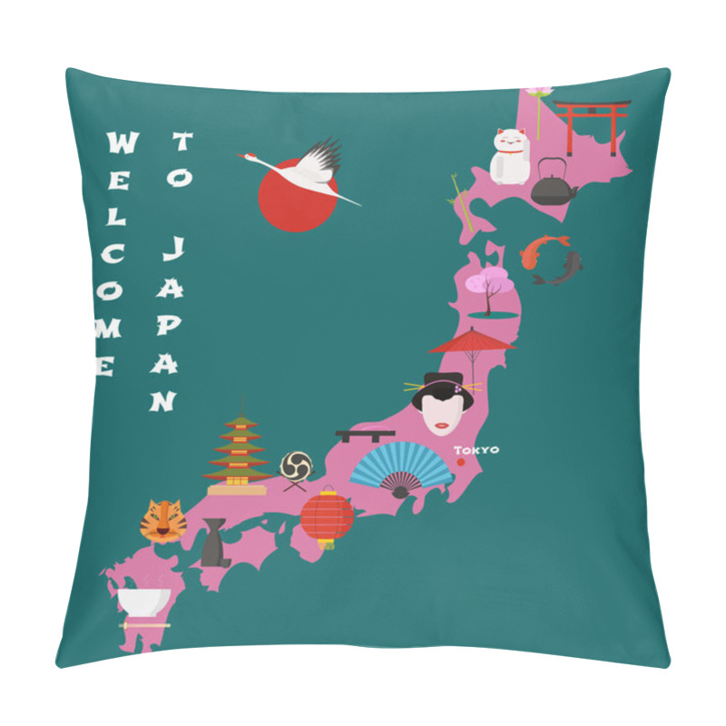 Personality  Map Of Japan Vector Illustration, Design. Icons With Japanese Landmarks, Sun, Gate, Temple. Explore Japan Concept Image Pillow Covers