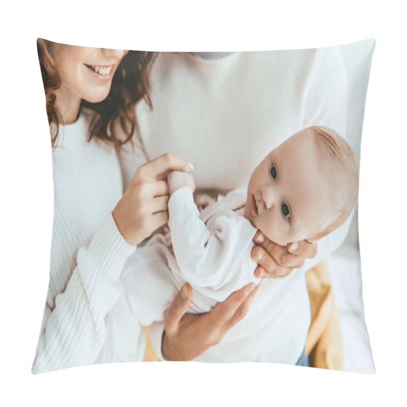 Personality  Cropped View Of Smiling Woman Touching Hand Of Cute Little Daughter Lying On Fathers Hands Pillow Covers