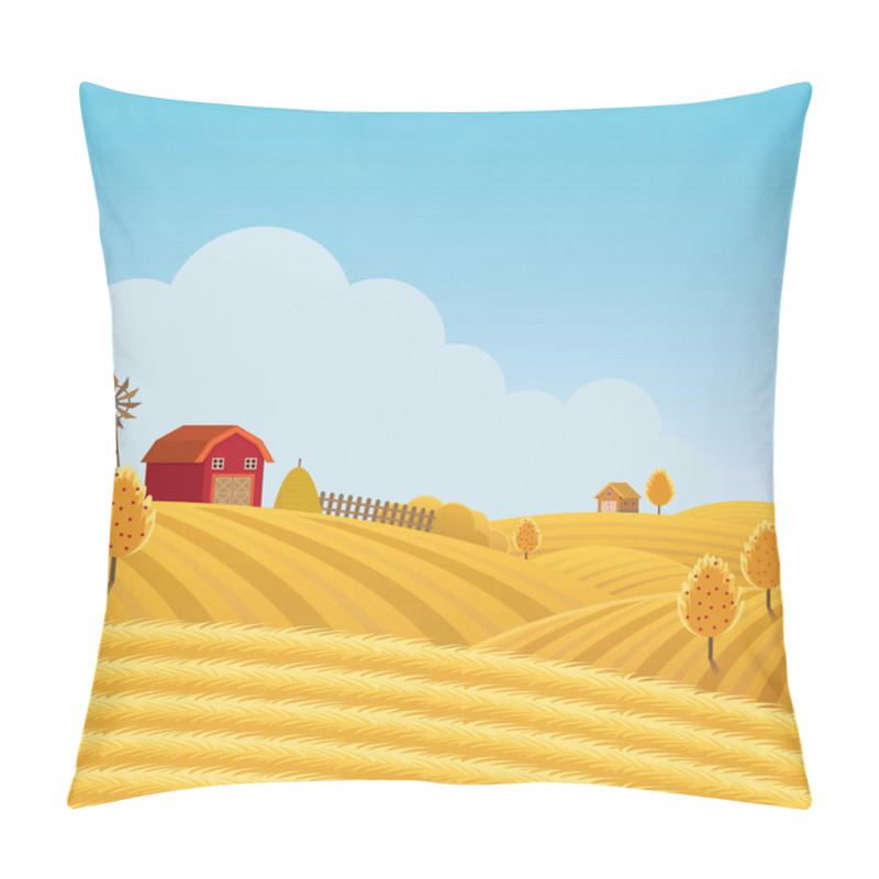 Personality  Farm On Hill With Yellow Or Gold Field Background, Agriculture, Cultivate, Countryside, Field, Rural Pillow Covers