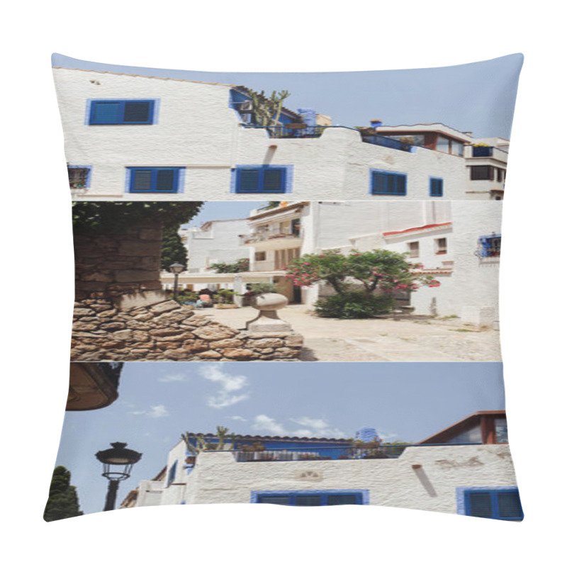 Personality  CATALONIA, SPAIN - APRIL 30, 2020: Collage Of Houses And Trees On Urban Streets With Blue Sky At Background  Pillow Covers