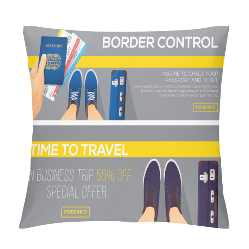 Personality  Border Control And Time To Travel Banners. View From Above. Passport With Tickets. Vector Illustration. Pillow Covers