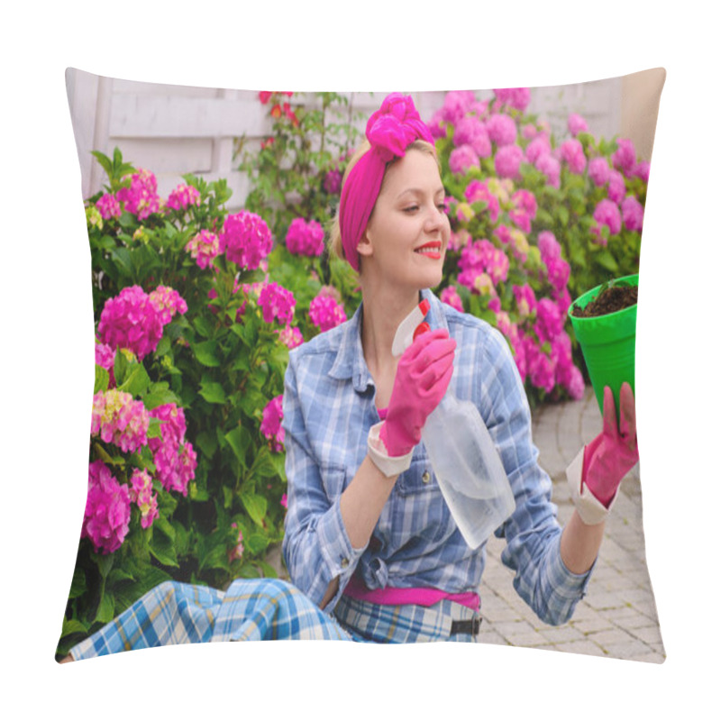 Personality  Hydrangea. Spring. Greenhouse Flowers. Flower Care And Watering. Soils And Fertilizers. Happy Woman Gardener With Flowers. Woman Care Of Flowers In Garden. Pleasant Delighted Florist Watering Flowers Pillow Covers