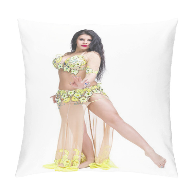 Personality  Young Beautiful Exotic Eastern Women Performs Belly Dance In Ethnic Dress. Isolated On White Background Pillow Covers