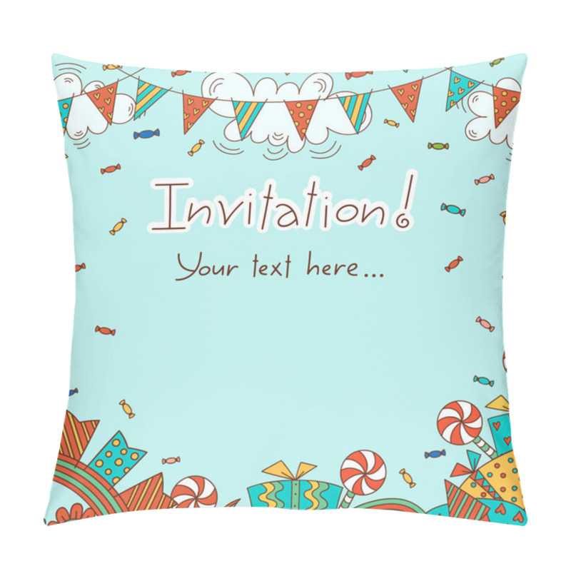 Personality  Invitation Template. Bright And Festive Template With Garlands, Clouds, Sweets And Gifts Pillow Covers