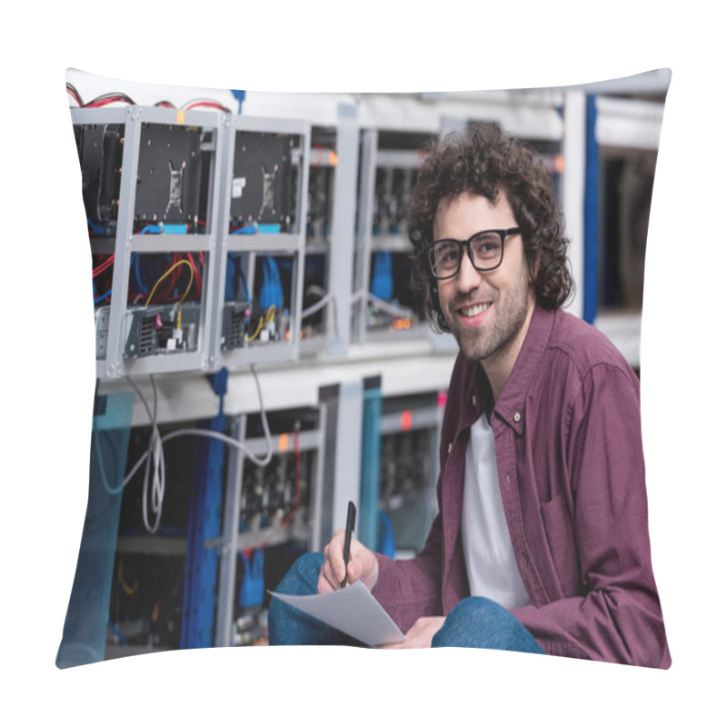 Personality  Young Smiling Computer Engineer Sitting On Floor And Writing At Cryptocurrency Mining Farm Pillow Covers