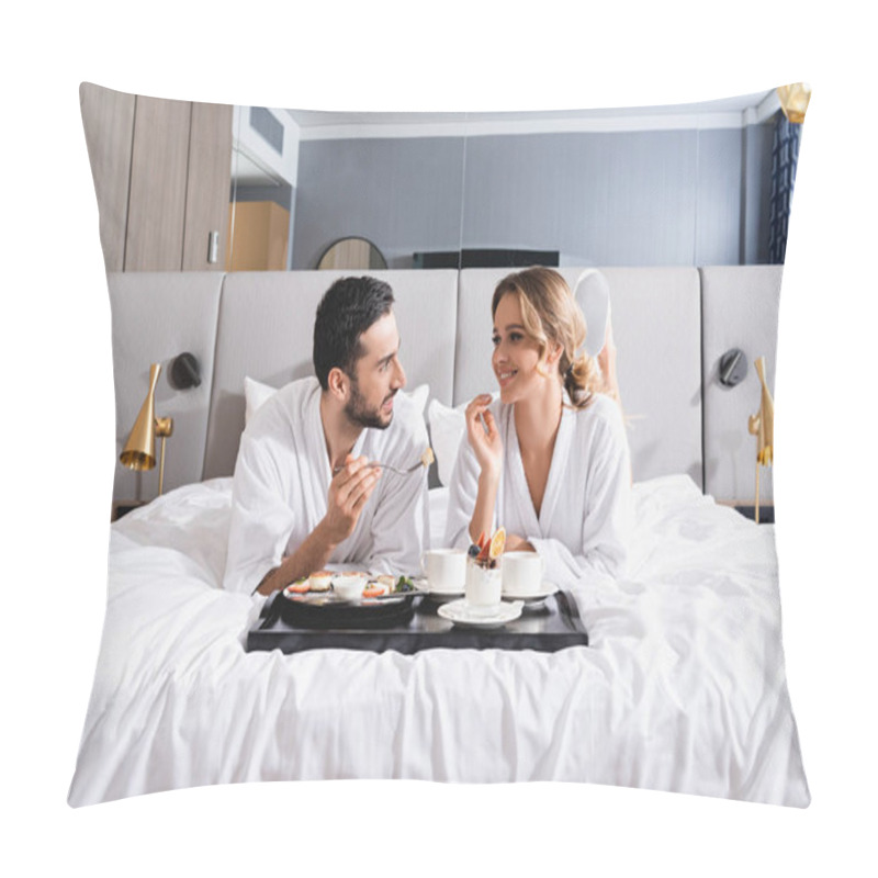 Personality  Smiling Interracial Couple Looking At Each Other Near Breakfast On Tray On Hotel Bed  Pillow Covers