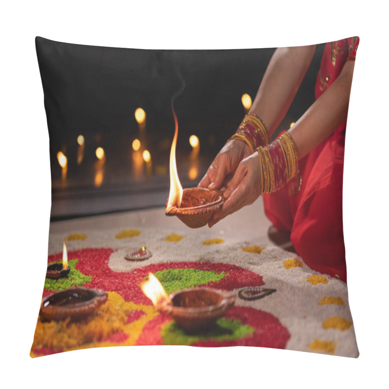 Personality  Traditional Diya Lamps Lit During Diwali Celebration Pillow Covers