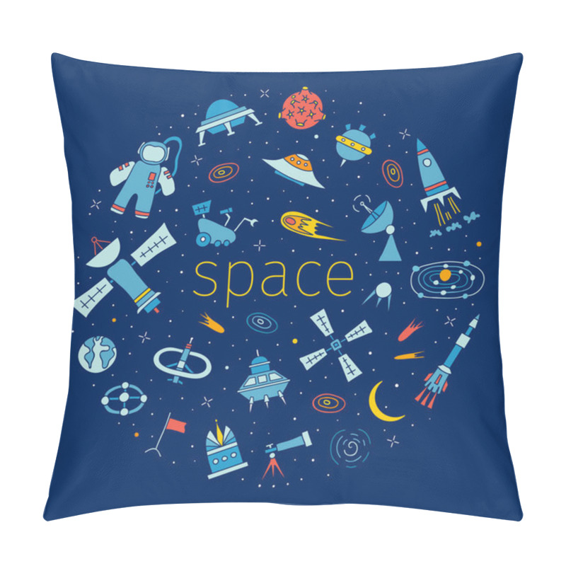 Personality  Round Frame With Space Symbols On A Dark Background. Hand-drawn Elements On The Theme Of Astronautics, Astronomy And Galaxy Travel. Vector Drawing In Cartoon Style. Doodle Elements Pillow Covers