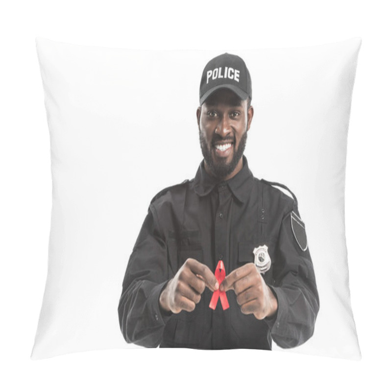 Personality  Happy African American Police Officer With Aids Awareness Red Ribbon Isolated On White Pillow Covers