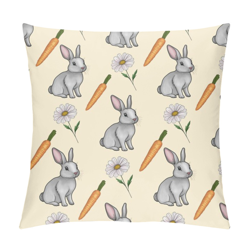 Personality  Cute Bunny With Daisy And Carrot Seamless Pattern Small Design On Pastel Yellow Background Pillow Covers