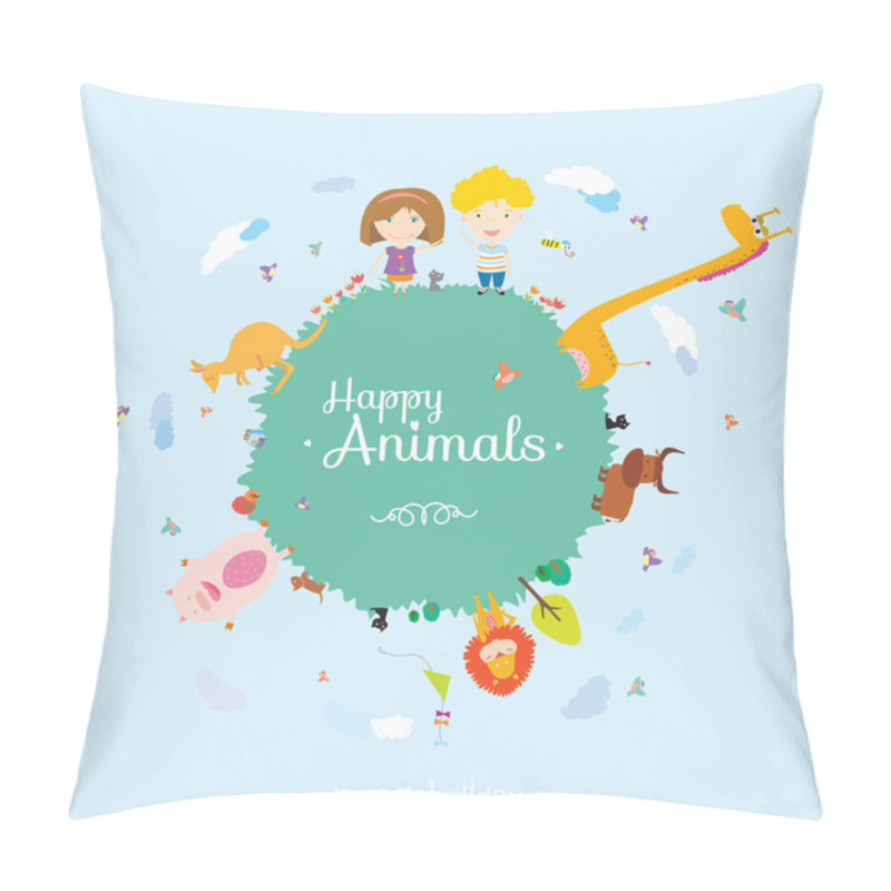 Personality  Happy Birthday Card  With Cute And Funny Animals And Children Pillow Covers