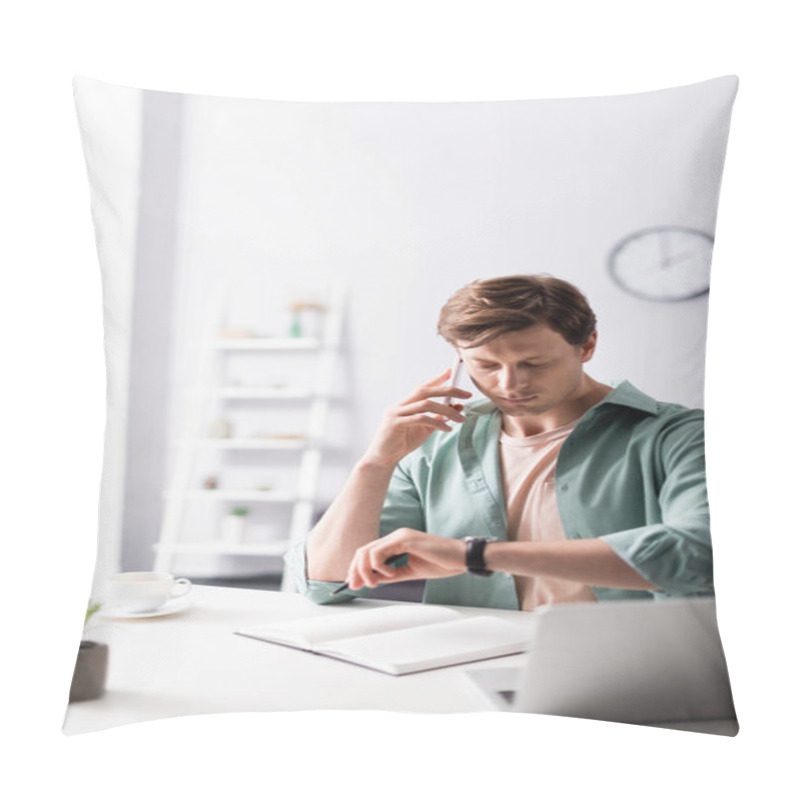 Personality  Selective Focus Of Freelancer Talking On Smartphone And Checking Time On Wristwatch At Home, Concept Of Time Management  Pillow Covers