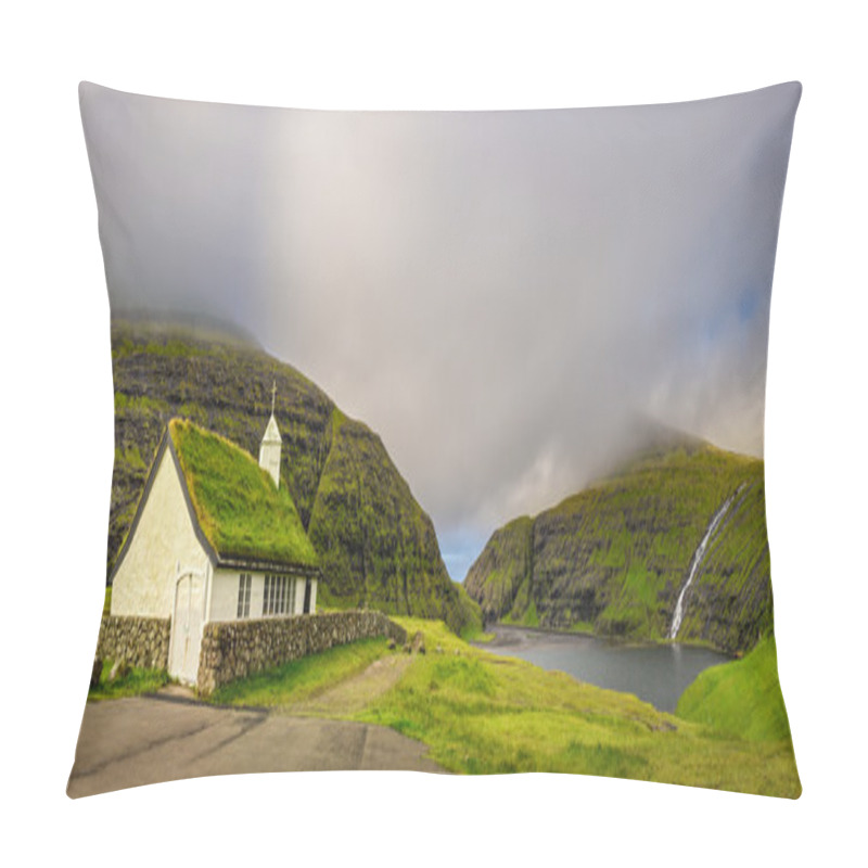 Personality  Village Church And A Lake In Saksun, Faroe Islands, Denmark Pillow Covers