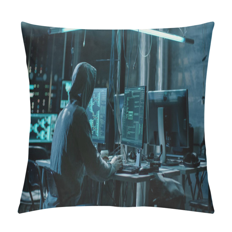 Personality  Hooded Hacker Using His Comuter With Different Information To Br Pillow Covers