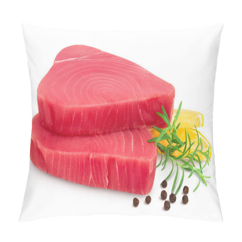 Personality  Fresh Tuna Fish Fillet Steak With Rosemary, Lemon And Peppercorns Isolated On White Background With Clipping Path And Full Depth Of Field Pillow Covers