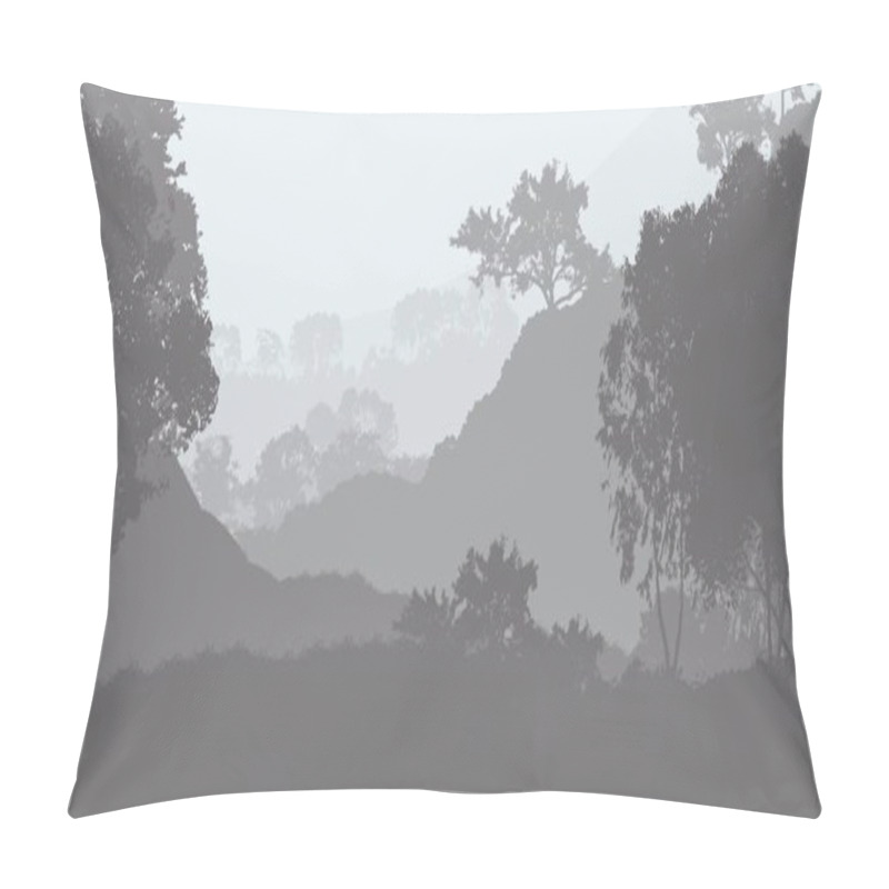 Personality  2d Illustration. Trees In Fog. Deep Forest Haze. Hills Covered By Plants And Foliage. Shrubs And Bushes. Deciduous Wood.  Pillow Covers