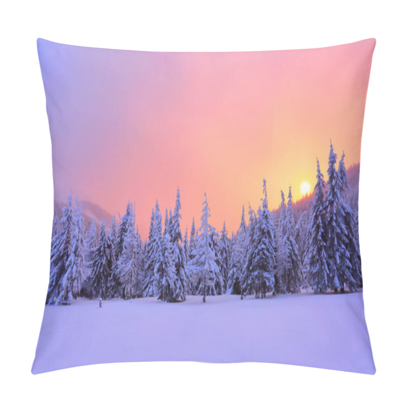 Personality  Sunrise Enlightens Sky, Mountain And Trees Standing In Snowdrifts Covered By Frozen Snow With Yellow Shine. Winter Landscape For Leaflets. Pillow Covers