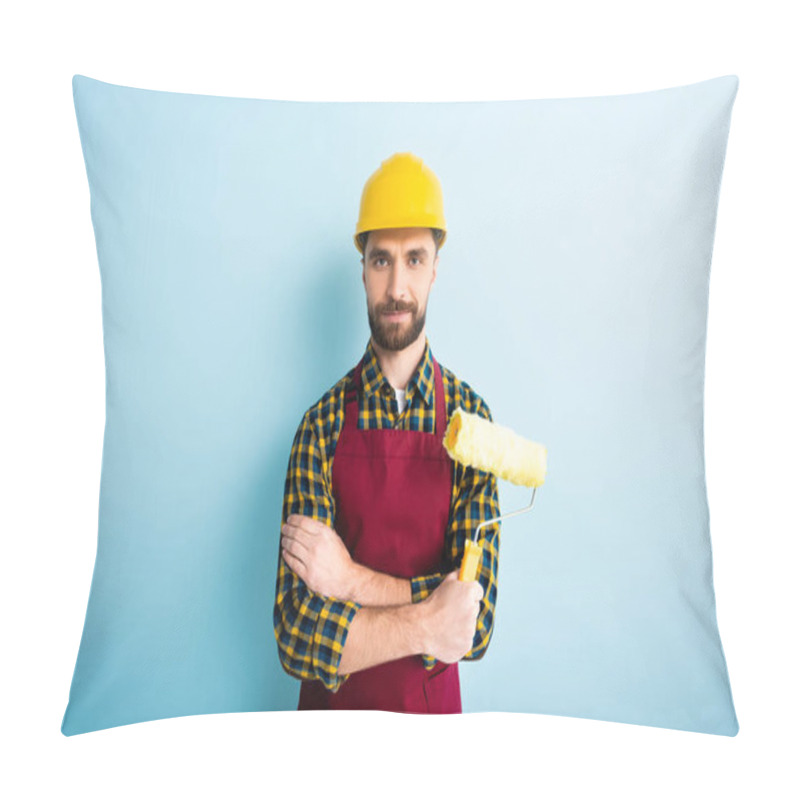 Personality  Positive Worker In Safety Helmet Holding Paint Roller On Blue  Pillow Covers