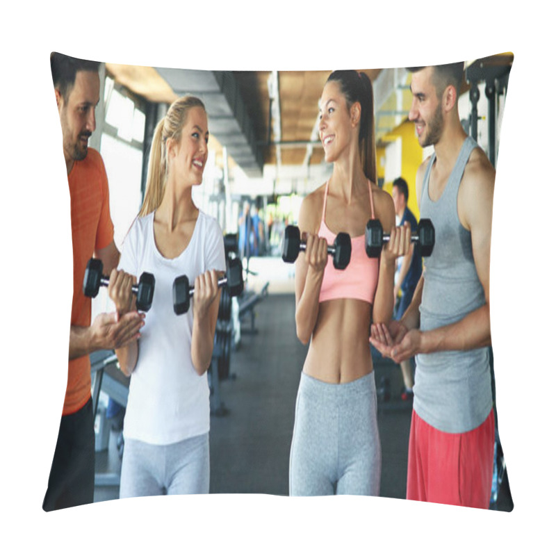 Personality  Two Attractive Women Exercising With Personal Trainers In Gym Pillow Covers