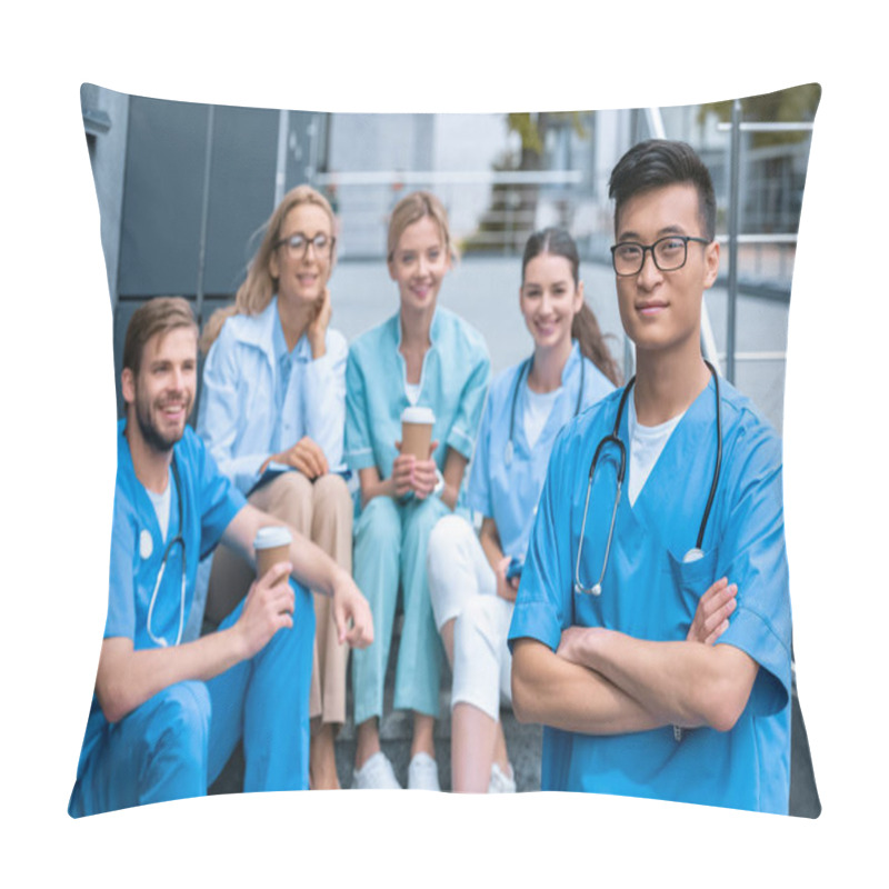 Personality  Asian Man Standing In Front Of Caucasian Teacher And Students At Medical University  Pillow Covers