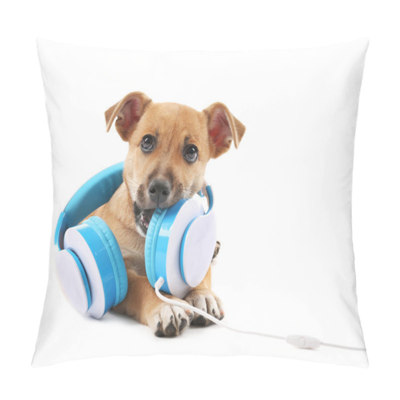 Personality  Puppy Playing With Headphones Isolated On White Pillow Covers