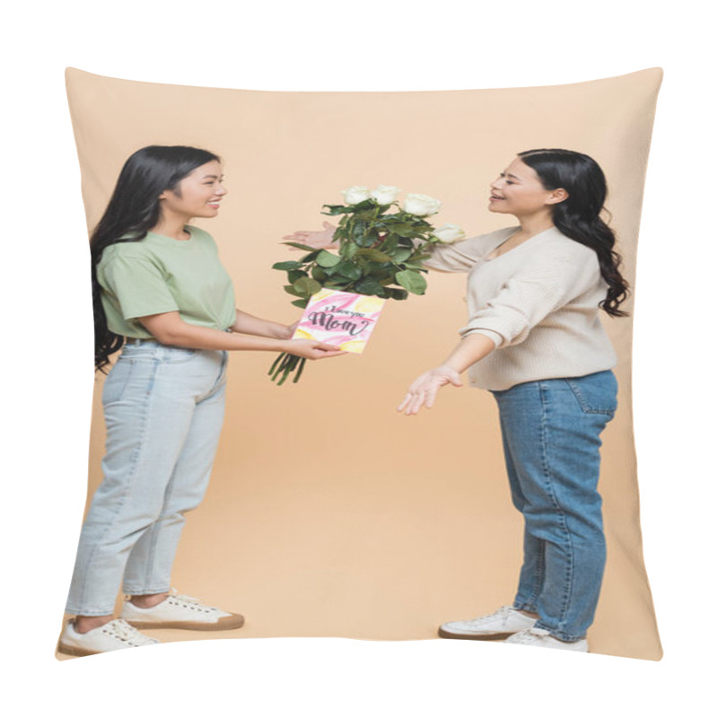 Personality  Happy Asian Daughter Congratulating Mother With Greeting Card And Flowers On Beige Pillow Covers